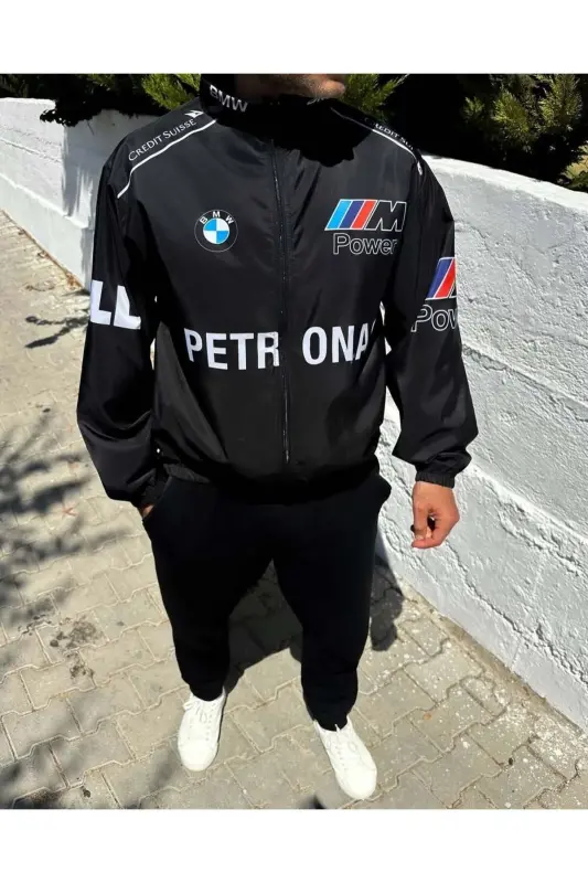 Bmw ///m Retro Unisex Parachute Fabric Oversize Digital Printed Black Windbreaker Raincoat-Navy Blue - 4