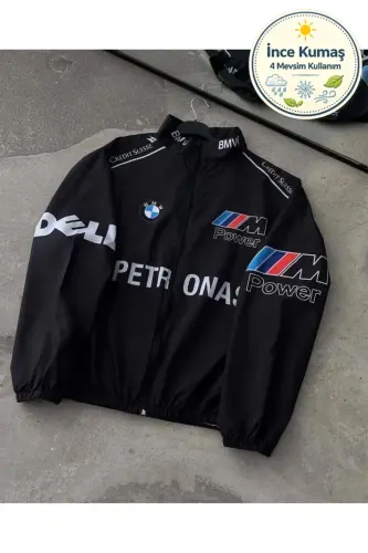 Bmw ///m Retro Unisex Parachute Fabric Oversize Digital Printed Black Windbreaker Raincoat-Navy Blue 