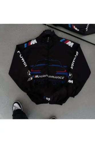 Bmw ///m Unisex Paraşüt Kumaş Oversize Dijital Baskılı Siyah Rüzgarlık Yağmurluk - Mavi 
