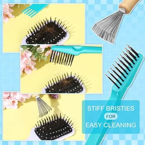 Boao 2 Pieces Hair Brush Cleaning Tool Comb Cleaner Brush Mini Comb Cleaning Hair Remover Tool for Removing Dust Home and Salon Use(Green, Wood Color) - 7