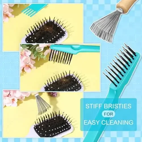Boao 2 Pieces Hair Brush Cleaning Tool Comb Cleaner Brush Mini Comb Cleaning Hair Remover Tool for Removing Dust Home and Salon Use(Green, Wood Color) - 7