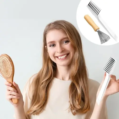 Boao 2 Pieces Hair Brush Cleaning Tool Comb Cleaner Brush Mini Comb Cleaning Hair Remover Tool for Removing Dust Home and Salon Use (White, Wood Color) - 2