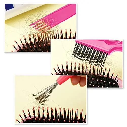 Boao 2 Pieces Hair Brush Cleaning Tool Comb Set Mini Hair Brush Dirt Remover with Metal Wire Rake for Removing Hair Dust Home and Salon Use(Pink and Pink) - 5
