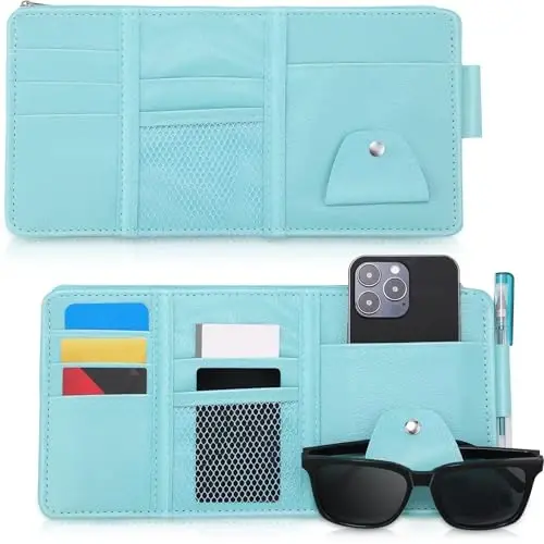 BOAO 2 Pack Car Sunvisor Organizer, Large, Blue | Multi Pocket Storage, PU Leather with Card Slots, Zipper Pocket, for Vehicle Registration Insurance Sunglasses Accessories - 1