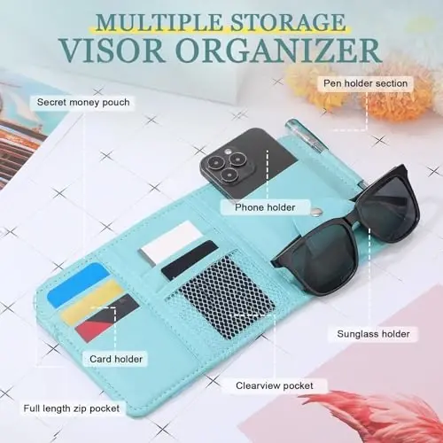 BOAO 2 Pack Car Sunvisor Organizer, Large, Blue | Multi Pocket Storage, PU Leather with Card Slots, Zipper Pocket, for Vehicle Registration Insurance Sunglasses Accessories - 4