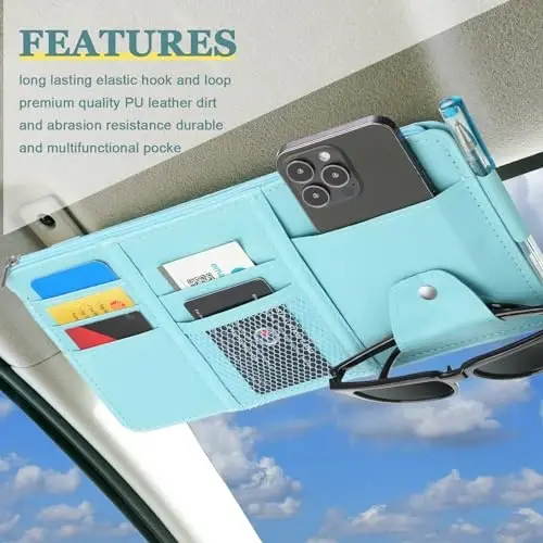 BOAO 2 Pack Car Sunvisor Organizer, Large, Blue | Multi Pocket Storage, PU Leather with Card Slots, Zipper Pocket, for Vehicle Registration Insurance Sunglasses Accessories - 6