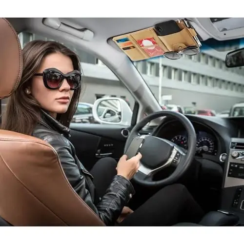 Boao 2 Packs Car Sun Visor Organizer, Sunglasses Holders for Car Sun Visor PU Auto Interior Accessories Storage Travel Document Holder with Multi Pocket (Beige, 12.2 x 6.1 Inches) - 5