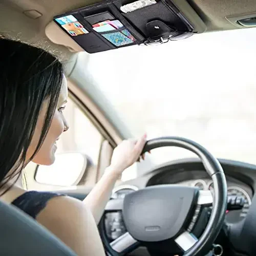 Boao 2 Packs Car Sun Visor Organizer, Sunglasses Holders for Car Sun Visor PU Auto Interior Accessories Storage Travel Document Holder with Multi Pocket (Black, 12.2 x 6.1 Inches) - 3