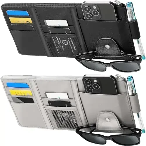 Boao 2 Packs Car Sun Visor Organizer, Sunglasses Holders for Car Sun Visor PU Auto Interior Accessories Storage Travel Document Holder with Multi Pocket (Black, Gray, 12.2 x 6.1 Inches) - 1
