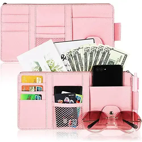 Boao 2 Packs Car Sun Visor Organizer, Sunglasses Holders for Car Sun Visor PU Auto Interior Accessories Storage Travel Document Holder with Multi Pocket (Pink, 12.2 x 6.1 Inches) - 1