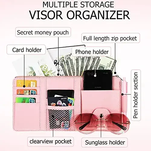 Boao 2 Packs Car Sun Visor Organizer, Sunglasses Holders for Car Sun Visor PU Auto Interior Accessories Storage Travel Document Holder with Multi Pocket (Pink, 12.2 x 6.1 Inches) - 2