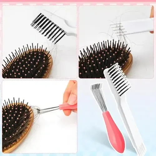 Boao 2 Pieces Hair Brush Cleaning Tool Comb Set 2-in-1 Mini Hair Brush Dirt Remover with Metal Wire Rake for Removing Dust Home and Salon Use(Pink and White) - 2