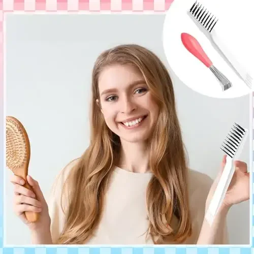 Boao 2 Pieces Hair Brush Cleaning Tool Comb Set 2-in-1 Mini Hair Brush Dirt Remover with Metal Wire Rake for Removing Dust Home and Salon Use(Pink and White) - 6