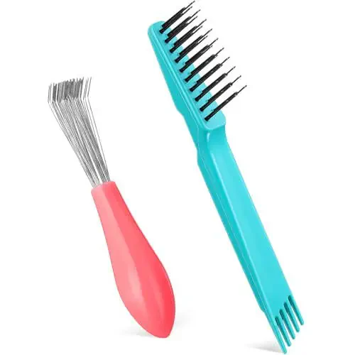 Boao 2 Pieces Hair Brush Cleaning Tool Comb Set Mini Hair Brush Dirt Remover with Metal Wire Rake for Removing Hair Dust Home and Salon Use (Pink and Green) - 1