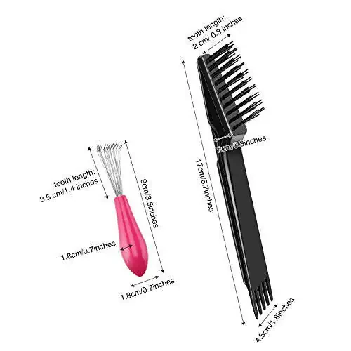 Boao 2 Pieces Hair Brush Cleaning Tool Comb Set Mini Hair Brush Dirt Remover with Metal Wire Rake for Removing Hair Dust Home and Salon Use(Pink and Black) - 2