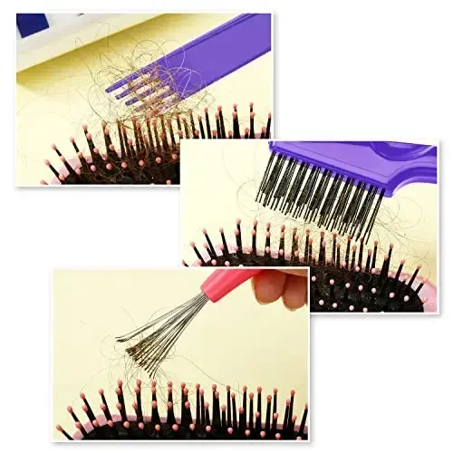 Boao 2 Pieces Hair Brush Cleaning Tool Comb Set Mini Hair Brush Dirt Remover with Metal Wire Rake for Removing Hair Dust Home and Salon Use(Pink and Purple) - 6