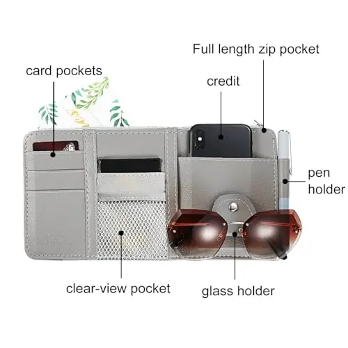 Boao 2 Packs Car Sun Visor Organizer, Sunglasses Holders for Car Sun Visor PU Auto Interior Accessories Storage Travel Document Holder with Multi Pocket (Gray, 12.2 x 6.1 Inches) - 5