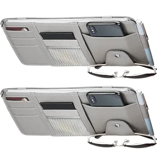 Boao 2 Packs Car Sun Visor Organizer, Sunglasses Holders for Car Sun Visor PU Auto Interior Accessories Storage Travel Document Holder with Multi Pocket (Gray, 12.2 x 6.1 Inches) - 1