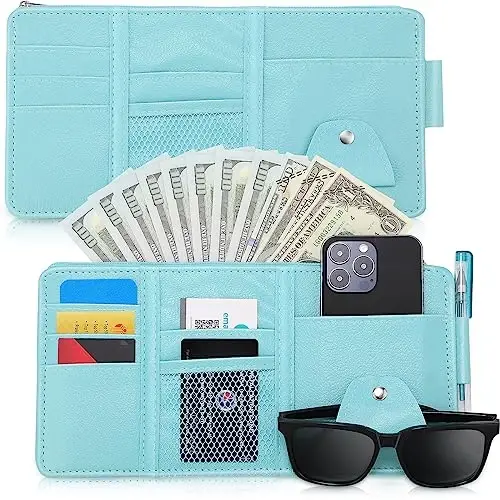 Boao 2 Packs Car Sun Visor Organizer, Sunglasses Holders for Car Sun Visor PU Auto Interior Accessories Storage Travel Document Holder with Multi Pocket (Blue, 12.2 x 6.1 Inches) - 1