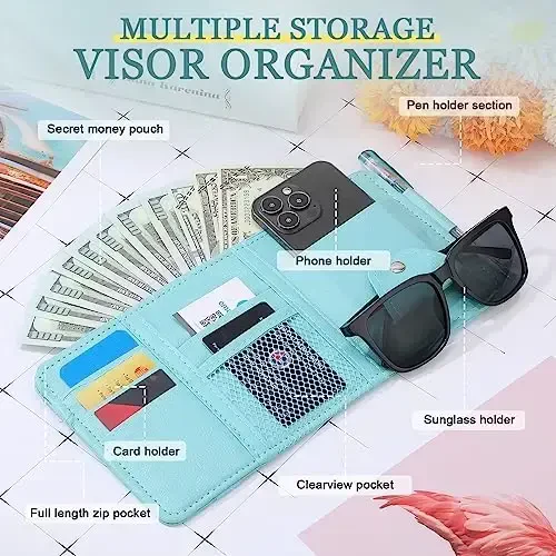 Boao 2 Packs Car Sun Visor Organizer, Sunglasses Holders for Car Sun Visor PU Auto Interior Accessories Storage Travel Document Holder with Multi Pocket (Blue, 12.2 x 6.1 Inches) - 4