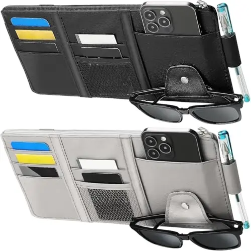 Boao 2 Packs Car Sun Visor Organizer, Sunglasses Holders for Car Sun Visor PU Auto Interior Accessories Storage Travel Document Holder with Multi Pocket (Black, Gray, 12.2 x 6.1 Inches) - 1