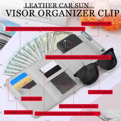 Boao 2 Packs Car Sun Visor Organizer, Sunglasses Holders for Car Sun Visor PU Auto Interior Accessories Storage Travel Document Holder with Multi Pocket (Black, Gray, 12.2 x 6.1 Inches) - 4