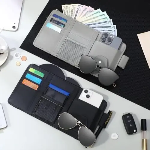 Boao 2 Packs Car Sun Visor Organizer, Sunglasses Holders for Car Sun Visor PU Auto Interior Accessories Storage Travel Document Holder with Multi Pocket (Black, Gray, 12.2 x 6.1 Inches) - 5