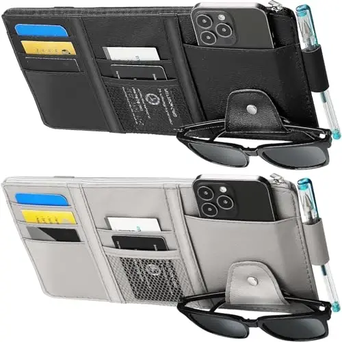 Boao 2 Packs Car Sun Visor Organizer, Sunglasses Holders for Car Sun Visor PU Auto Interior Accessories Storage Travel Document Holder with Multi Pocket (Black, Gray, 12.2 x 6.1 Inches) 