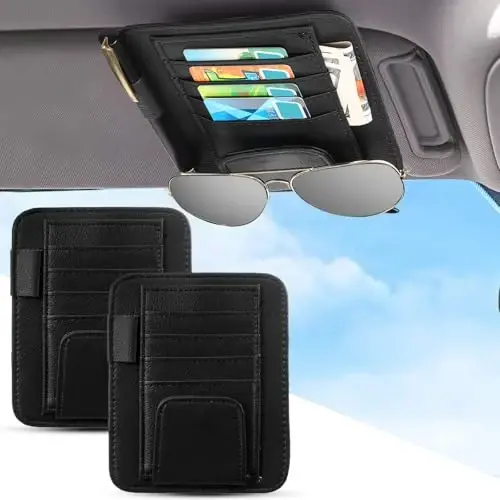 BOAO 2 Packs Car Sun Visor Organizer, Sunglasses Holders for Car Sun Visor PU Auto Interior Accessories Storage Travel Document Holder with Multi Pocket (6.1 x 4.93 Inches, Black) - 1