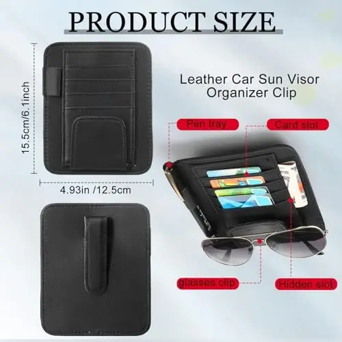 BOAO 2 Packs Car Sun Visor Organizer, Sunglasses Holders for Car Sun Visor PU Auto Interior Accessories Storage Travel Document Holder with Multi Pocket (6.1 x 4.93 Inches, Black) - 3