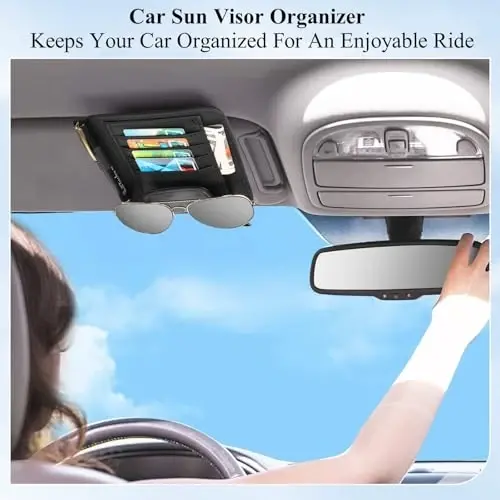 BOAO 2 Packs Car Sun Visor Organizer, Sunglasses Holders for Car Sun Visor PU Auto Interior Accessories Storage Travel Document Holder with Multi Pocket (6.1 x 4.93 Inches, Black) - 6