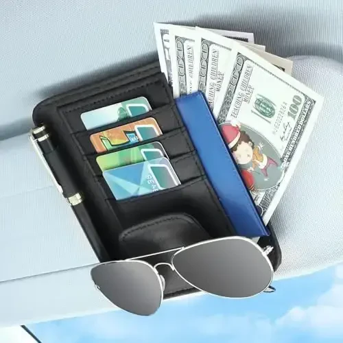 BOAO 2 Packs Car Sun Visor Organizer, Sunglasses Holders for Car Sun Visor PU Auto Interior Accessories Storage Travel Document Holder with Multi Pocket (6.1 x 4.93 Inches, Black) - 2