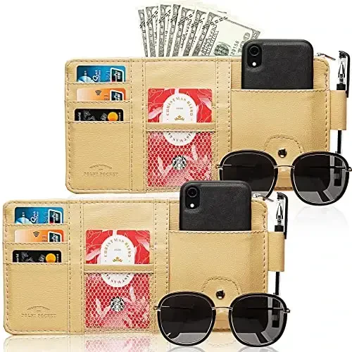 Boao 2 Packs Car Sun Visor Organizer, Sunglasses Holders for Car Sun Visor PU Auto Interior Accessories Storage Travel Document Holder with Multi Pocket (Beige, 12.2 x 6.1 Inches) - BOAO