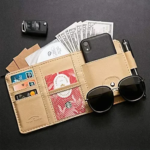 Boao 2 Packs Car Sun Visor Organizer, Sunglasses Holders for Car Sun Visor PU Auto Interior Accessories Storage Travel Document Holder with Multi Pocket (Beige, 12.2 x 6.1 Inches) - BOAO (1)