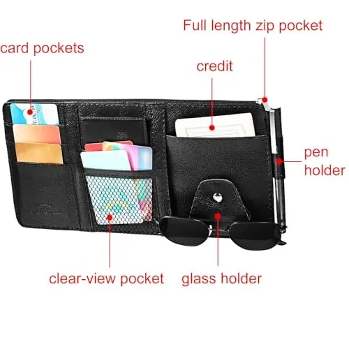 Boao 2 Packs Car Sun Visor Organizer, Sunglasses Holders for Car Sun Visor PU Auto Interior Accessories Storage Travel Document Holder with Multi Pocket (Black, 12.2 x 6.1 Inches) - 2