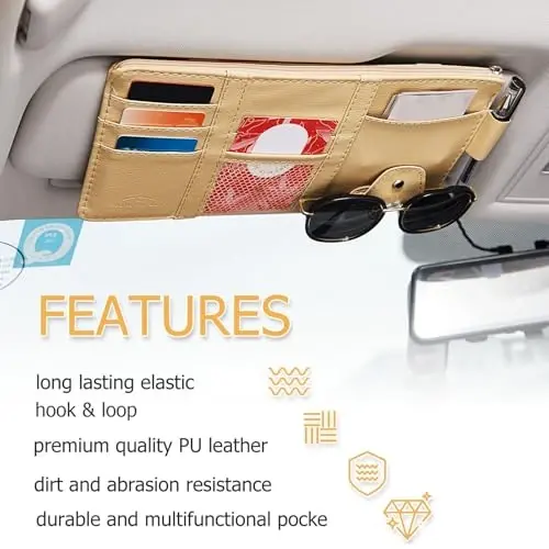 Boao 2 Packs Car Sun Visor Organizer, Sunglasses Holders for Car Sun Visor PU Auto Interior Accessories Storage Travel Document Holder with Multi Pocket (Beige, 12.2 x 6.1 Inches) - 3