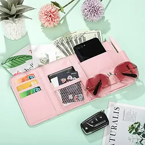 Boao 2 Packs Car Sun Visor Organizer, Sunglasses Holders for Car Sun Visor PU Auto Interior Accessories Storage Travel Document Holder with Multi Pocket (Pink, 12.2 x 6.1 Inches) - 5