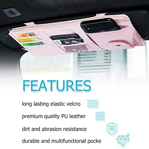 Boao 2 Packs Car Sun Visor Organizer, Sunglasses Holders for Car Sun Visor PU Auto Interior Accessories Storage Travel Document Holder with Multi Pocket (Pink, 12.2 x 6.1 Inches) - 3