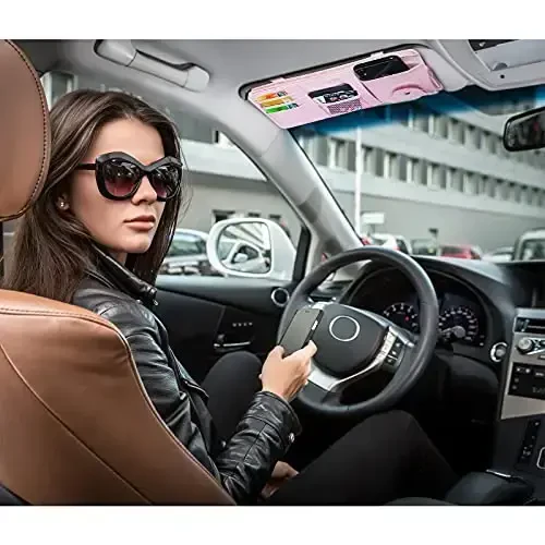 Boao 2 Packs Car Sun Visor Organizer, Sunglasses Holders for Car Sun Visor PU Auto Interior Accessories Storage Travel Document Holder with Multi Pocket (Pink, 12.2 x 6.1 Inches) - 6