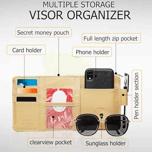 Boao 2 Packs Car Sun Visor Organizer, Sunglasses Holders for Car Sun Visor PU Auto Interior Accessories Storage Travel Document Holder with Multi Pocket (Beige, 12.2 x 6.1 Inches) - BOAO (1)