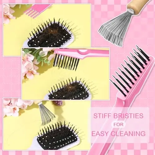 Boao 2'li Paket Saç Fırçası Temizleme Aracı, Saç, Toz ve Kalıntıları Temizlemek için 2'si 1 Arada Tarak Tırmığı ve Fırça Temizleyici, Ev ve Salon için Mini Saç Fırçası Aksesuarı (Pembe, Ahşap Rengi, Cilalı Ahşap Saplı Tırmık) 