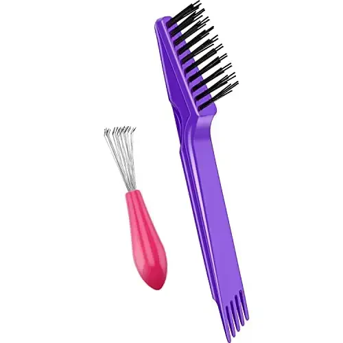 Boao 2 Pieces Hair Brush Cleaning Tool Comb Set Mini Hair Brush Dirt Remover with Metal Wire Rake for Removing Hair Dust Home and Salon Use(Pink and Purple) - BOAO