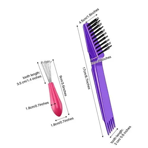 Boao 2 Pieces Hair Brush Cleaning Tool Comb Set Mini Hair Brush Dirt Remover with Metal Wire Rake for Removing Hair Dust Home and Salon Use(Pink and Purple) - 4