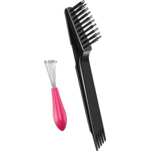 Boao 2 Pieces Hair Brush Cleaning Tool Comb Set Mini Hair Brush Dirt Remover with Metal Wire Rake for Removing Hair Dust Home and Salon Use(Pink and Black) - Boao