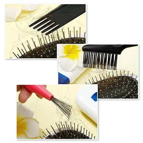 Boao 2 Pieces Hair Brush Cleaning Tool Comb Set Mini Hair Brush Dirt Remover with Metal Wire Rake for Removing Hair Dust Home and Salon Use(Pink and Black) - 5