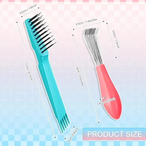 Boao 2 Pieces Hair Brush Cleaning Tool Comb Set Mini Hair Brush Dirt Remover with Metal Wire Rake for Removing Hair Dust Home and Salon Use(Pink and Green) - 3