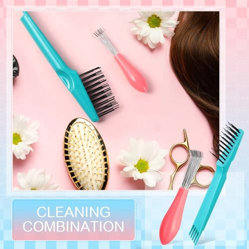 Boao 2 Pieces Hair Brush Cleaning Tool Comb Set Mini Hair Brush Dirt Remover with Metal Wire Rake for Removing Hair Dust Home and Salon Use(Pink and Green) - 4