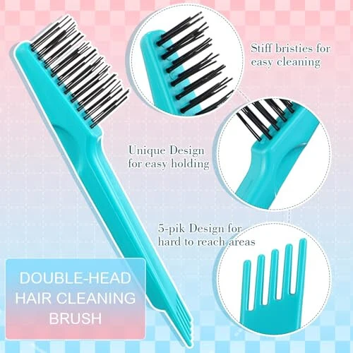 Boao 2 Pieces Hair Brush Cleaning Tool Comb Set Mini Hair Brush Dirt Remover with Metal Wire Rake for Removing Hair Dust Home and Salon Use(Pink and Green) - 5