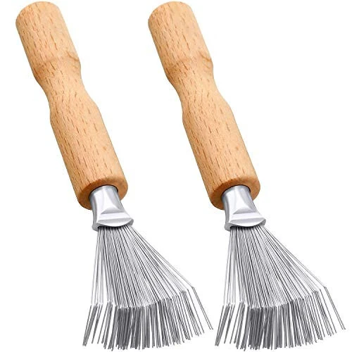 Boao Hair Brush Cleaner, 2 Pieces Mini Hair Dirt Remover Brush with Metal Wire Rake, Wooden Handle for Home and Salon Use(Handle with Groove) - 1