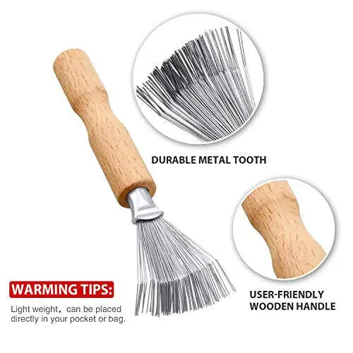 Boao Hair Brush Cleaner, 2 Pieces Mini Hair Dirt Remover Brush with Metal Wire Rake, Wooden Handle for Home and Salon Use(Handle with Groove) - 3
